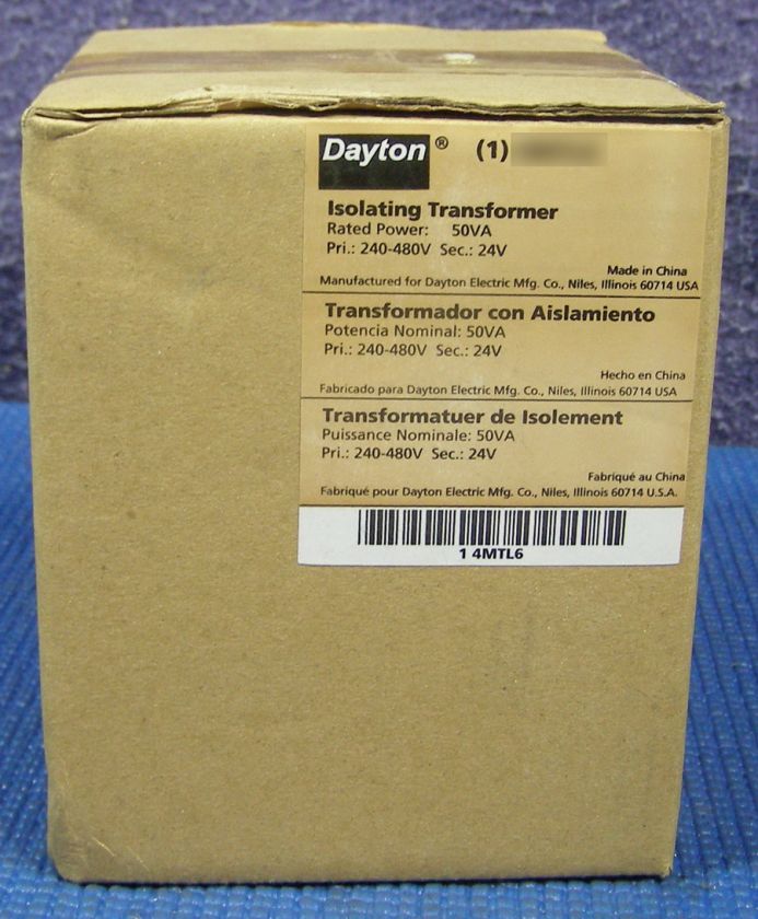 DAYTON Isolating Transformer; Input 240/480V, Output24V, 50VA 