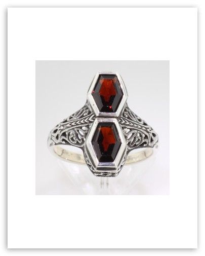 Antique Style Garnet Filigree Ring   Sterling Size 8  