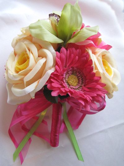 10 pc Wedding Bouquet flowers PINK YELLOW GREEN DAISY  