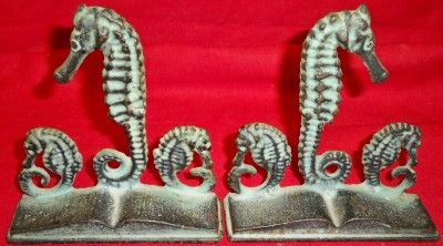 Antique Bronze Sea Horses Book Ends Green Patina c1925  