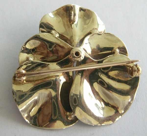 Lg Vintage 14K Gold Enameled Pansy Pin / Pendant  