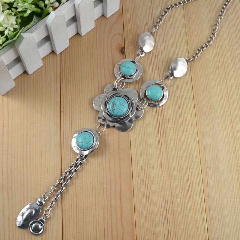 Tibet Silver Turquoise Necklace Earring Bracelet Set  