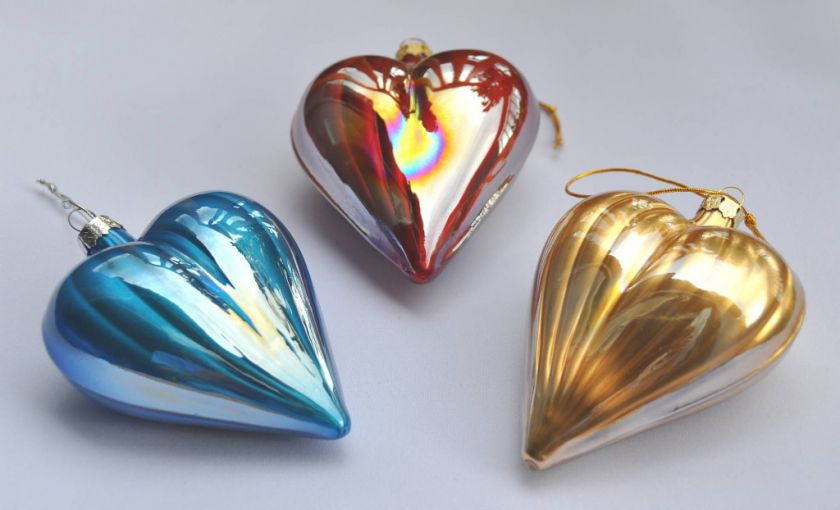 Set of Three J&V Blown Glass Heart Christmas Tree Ornaments  