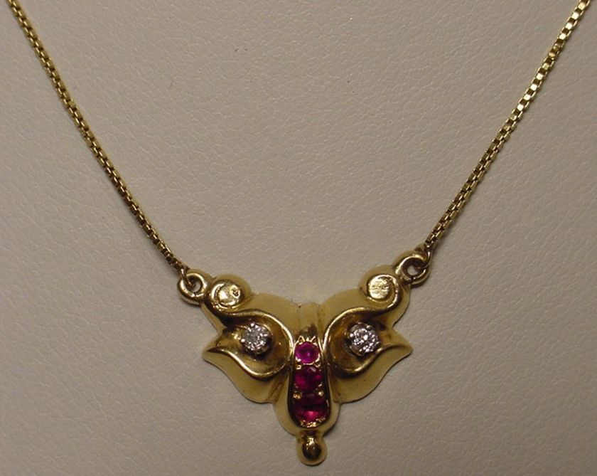 Art Deco 18K Gold Diamond Ruby Owl Necklace  