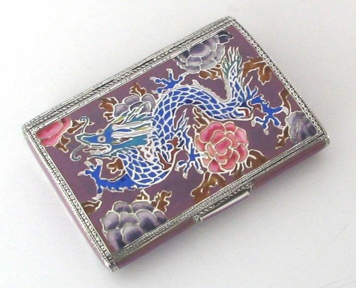 Enameled Sterling Card Cigarette Case Dragon Motif  