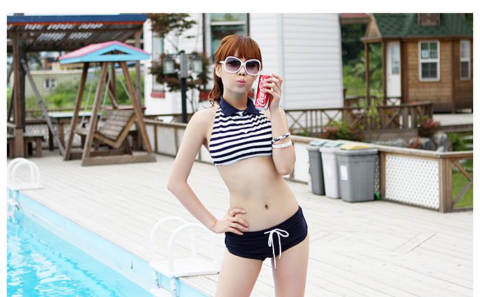 Chic Nautical High Collar Shirt Style Bikini BathingSuit Swimsuit S M 
