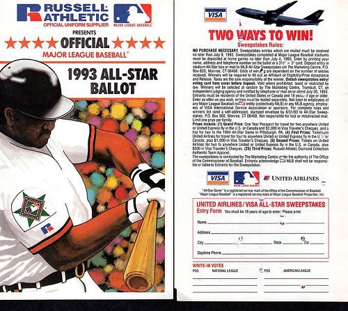 1993 RUSSELL BASEBALL ALL STAR GAME BALLOT Unpunched  