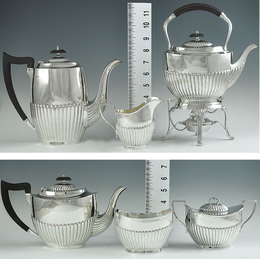 6p ENGLISH 1940 STERLING GEORGIAN STYLE TEA SET W/ KETTLE ON STAND 