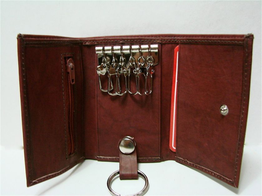 COMPACT LEATHER KEY CASE  REMOVABLE KEY RING  BURGUNDY  