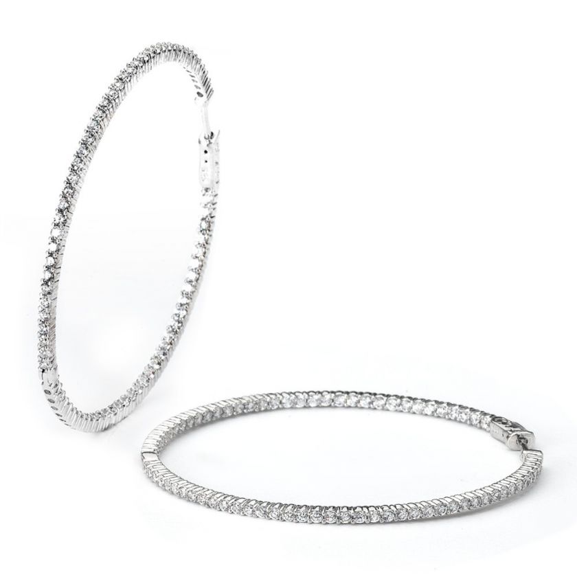 LARGE NEW .925 SILVER CUBIC ZIRCONIA CZ HOOP EARRINGS  