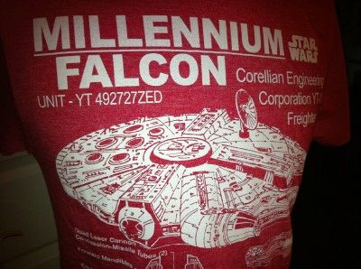 STAR WARS T Shirt Millenium Falcon Blue Print Skematics Vintage Red 