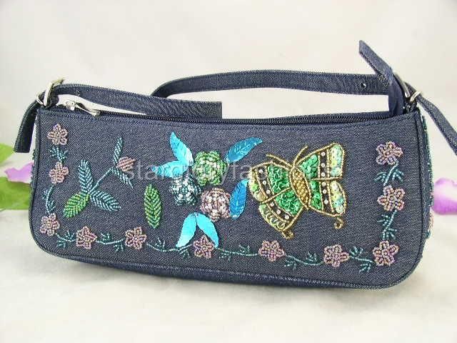 Elegant Blue Denim/Jean Beaded Butterfly Handbag Purse  