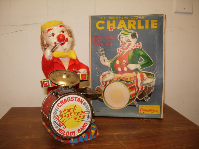 CHARLIE THE DRUMMING CLOWN 1950S CRAGSTAN FOR TOYS JAPAN GOOD 