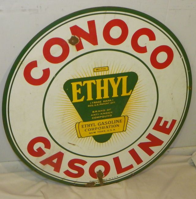 Antique Conoco Ethyl Gasoline Enamel Advertising Sign  