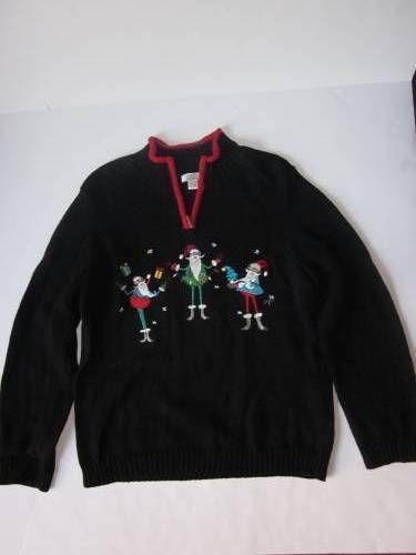 CHRISTMAS SWEATER Santas Presents Lights Tree Embroidered Black XL 