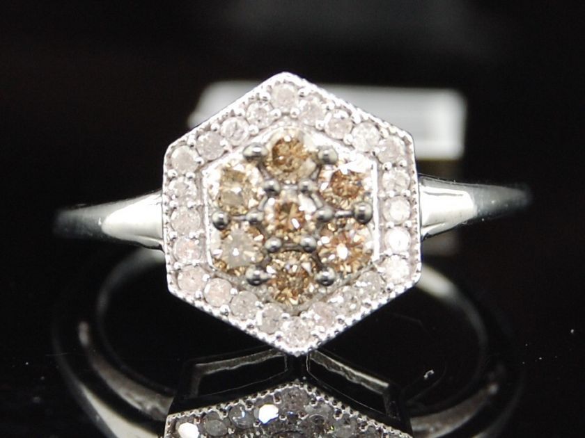 LADIES WHITE GOLD .50C BROWN DIAMOND HEXAGON RING BAND  