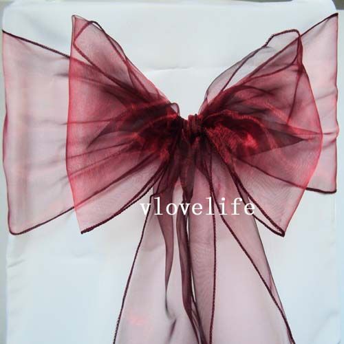 100PCS Burgundy Organza Chair Sashes Bow Cover Banquet  