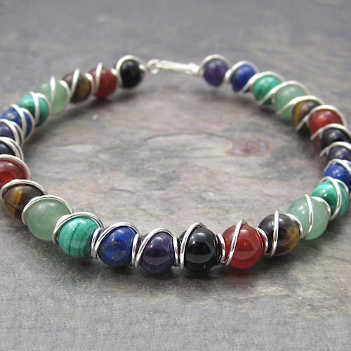 Chakra Beaded Sterling Silver Wire Wrapped Bracelet  