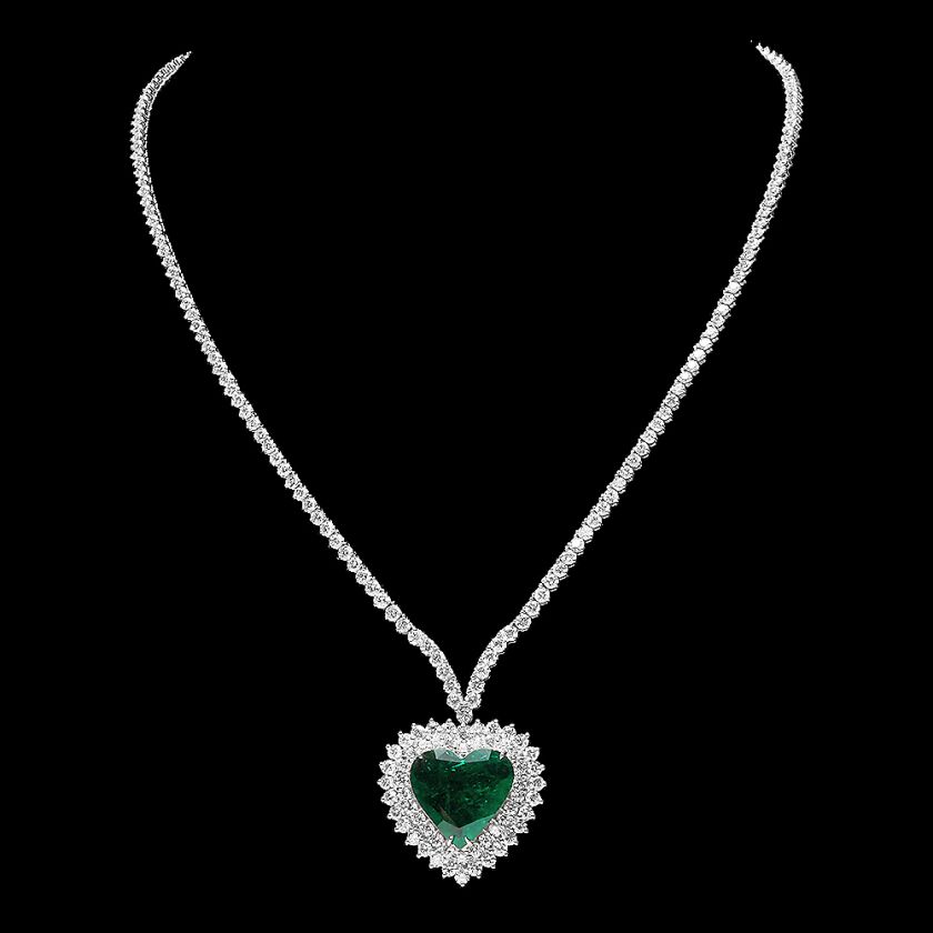   CERTIFIED 18K W GOLD 7.80CT EMERALD 11.50CT DIAMOND PENDANT  