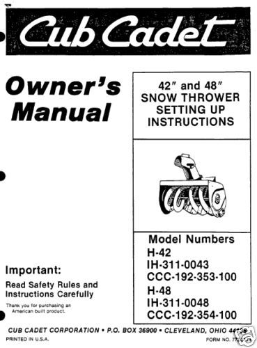 Cub Cadet 42 & 48 Snow Thrower attachment Manual#H 42  