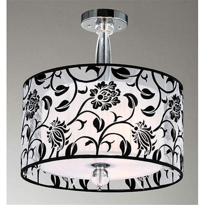 MODERN BLACK WHITE FLORAL DRUM SHADE CHANDELIER PENDANT LIGHT FIXTURE 