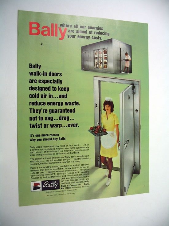 Bally Walk In Coolers Freezers waitress 1976 print Ad  