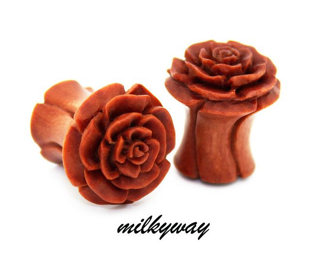 ROSEBUD WOOD HAND CARVED ORGANIC EAR GAUGES PLUGS wings  