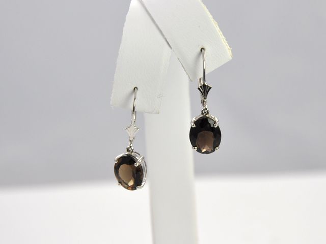 14k White Gold Oval Shaped Smoky Topaz Dangle Earrings  