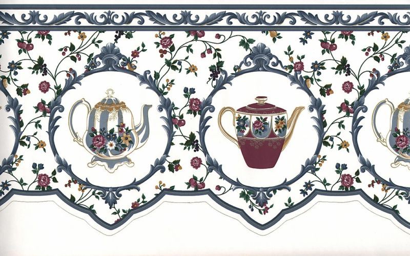 WALLPAPER BORDER VICTORIAN TEAPOTS  