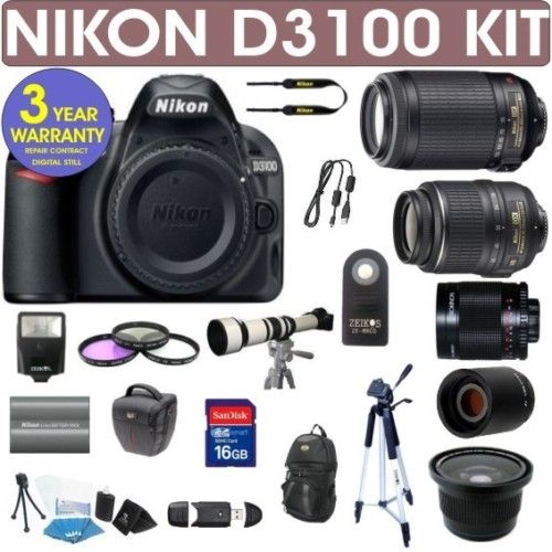 NEW NIKON D3100 DIGITAL SLR CAMERA + 6 LENS DELUXE KIT  