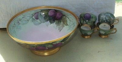 Magnificent Huge Antique T&V Limoges Hand Painted Plums Vine Punch 