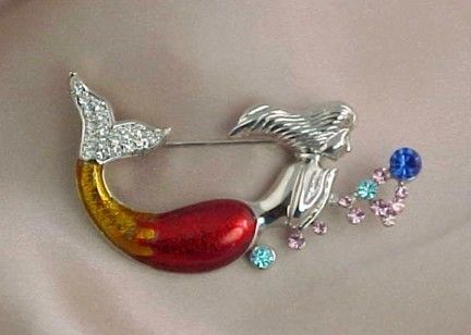 STUNNING CRYSTAL RHINESTONE ENAMEL MERMAID BROOCH PIN  