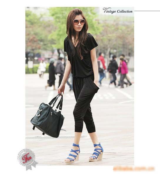 Korea Women V neck jumpsuit rompers pants Black CML9151  