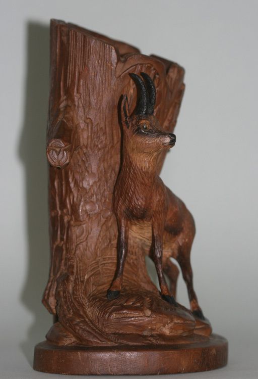 WOOD CARVING CHAMOIS IN FRONT OF A TREE TRUNK as VASE  