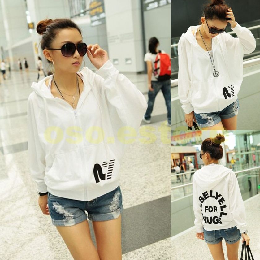   Letter Prints Bat wing Zipper White Thinness Hoodie Coat Jacket C3508