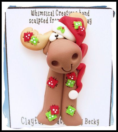 Beckys Polymer Clay   Happy Santa Moose PIN  