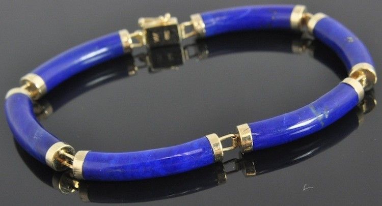 Estate 14K Yellow Gold Natural Lapis Lazuli Chinese Panel Link Chain 